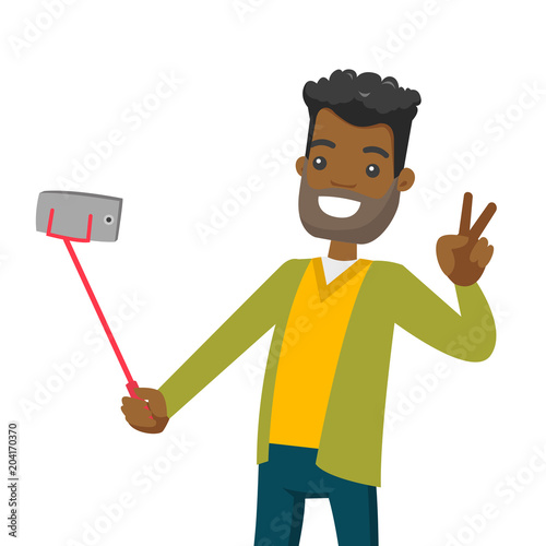 A black man making selfie on his cellphone with a selfie stick. Smartphone shooting a photo for social media. Vector cartoon illustration isolated on white background.