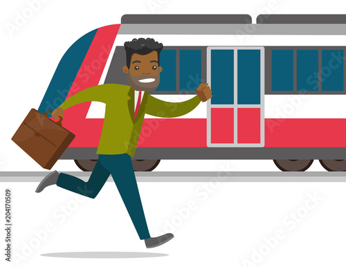 A black man with a briefcase trying to catch a missing train at the train station or subway platform. City transport concept. Vector cartoon illustration isolated on white background.