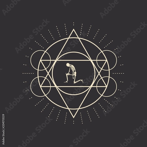 Mystery, witchcraft, occult and alchemy tattoo sign. Mystical vintage gothic geometry thin lines symbol with silhouette of a human skeleton