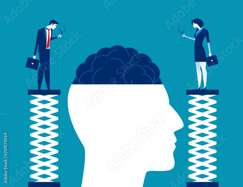 Brain research, Business team closer inspection and testing brain. Concept business vector illustration, Flat cartoon style,