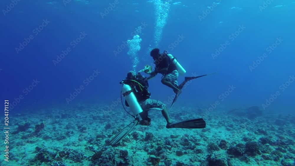 Two scuba divers launch a signal buoy on the surface of the water, Indian Ocean, Fuvahmulah island, Maldives
