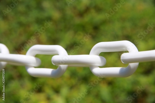 White Chain Links comprising a Strand of a Barricaded Fence against Green Grass
