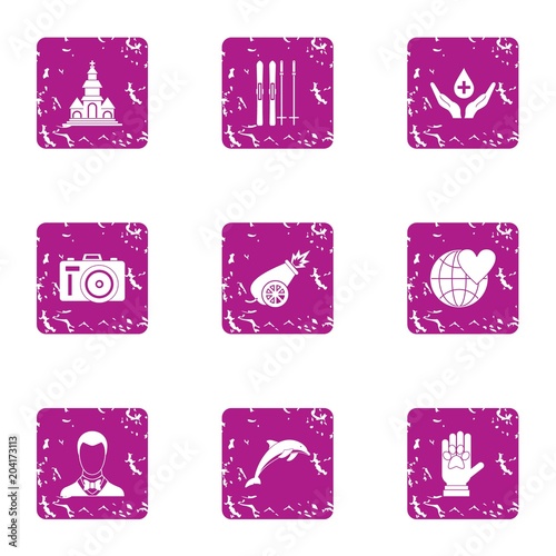 Voluntary donation icons set, grunge style