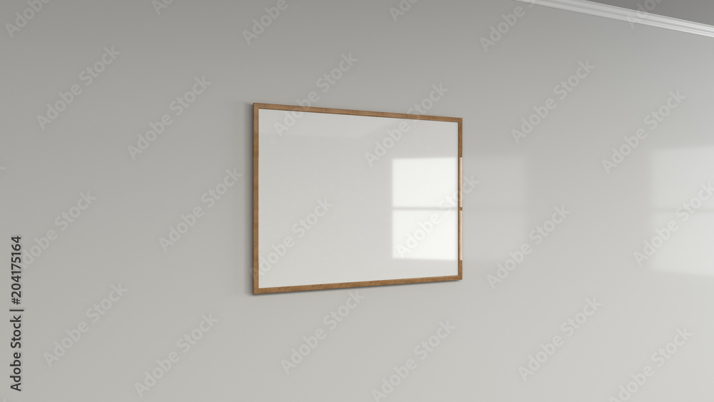Blank white poster in wooden frame on the wall Blank white poster in wooden frame on the wall