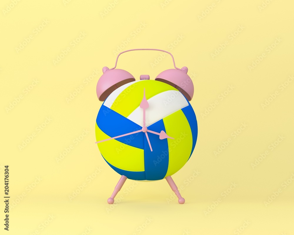 Creative idea layout Volleyball alarm clock on yellow pastel background. minimal idea sport concept. Idea creative to produce work within an advertising marketing communications or artwork design.