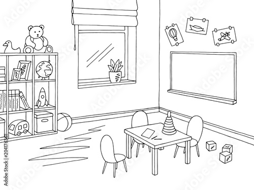 Preschool classroom graphic black white interior sketch illustration vector