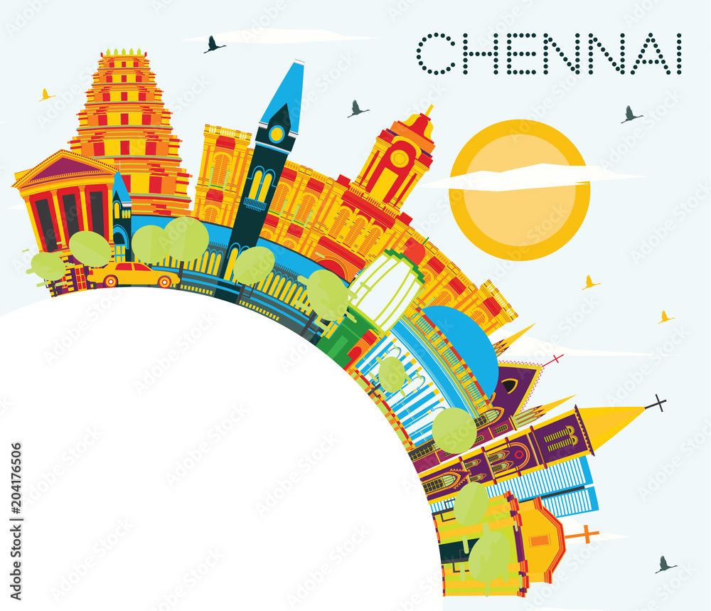Chennai India Skyline with Color Landmarks, Blue Sky and Copy Space.