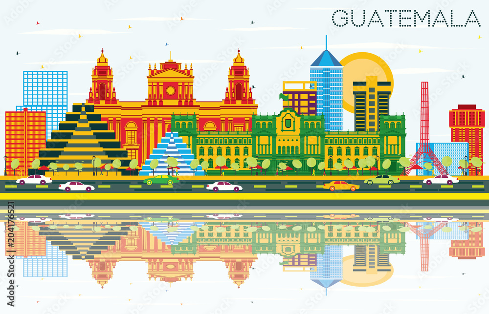 Guatemala Skyline with Color Buildings, Blue Sky and Reflections.