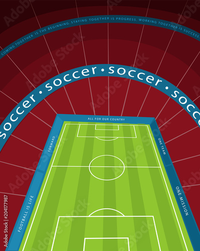 A huge empty soccer stadium. View of whole football pitch from top seats in spectator area. Cartoon style