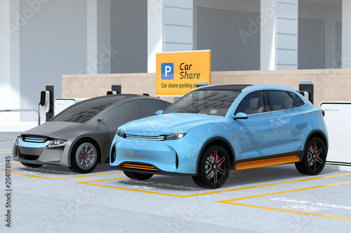Electric SUV and self-driving sedan in car share parking lot. Car sharing concept. 3D rendering image.