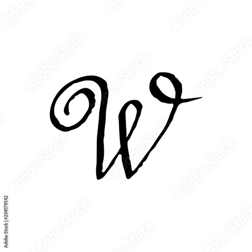 Letter W. Handwritten by dry brush. Rough strokes textured font. Vector illustration. Grunge style alphabet.