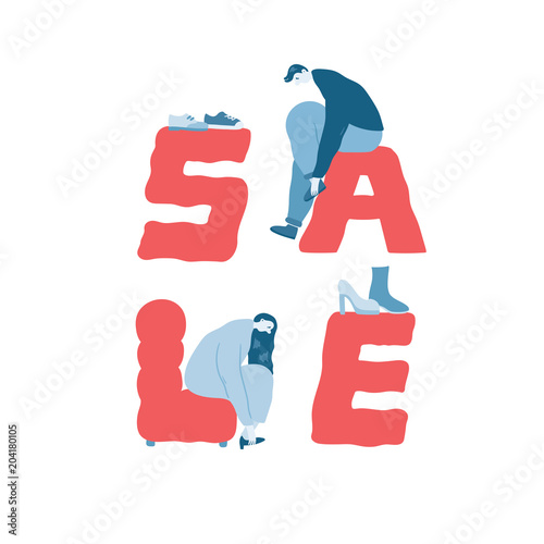 Hand drawn vector illustration of sale word and people trying on shoes.