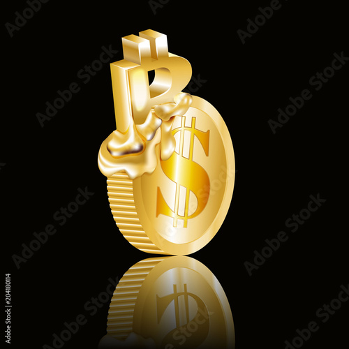 The concept of bitcoin to dollar exchange. In the form of melting gold.Blockchain cryptocurrency concept.