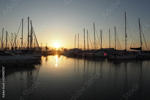 Gibraltar, view from La Línea, Spain. Port with sailing boats, early morning