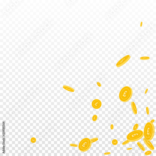 British pound coins falling. Scattered disorderly GBP coins on transparent background. Artistic scattered bottom right corner vector illustration. Jackpot or success concept.