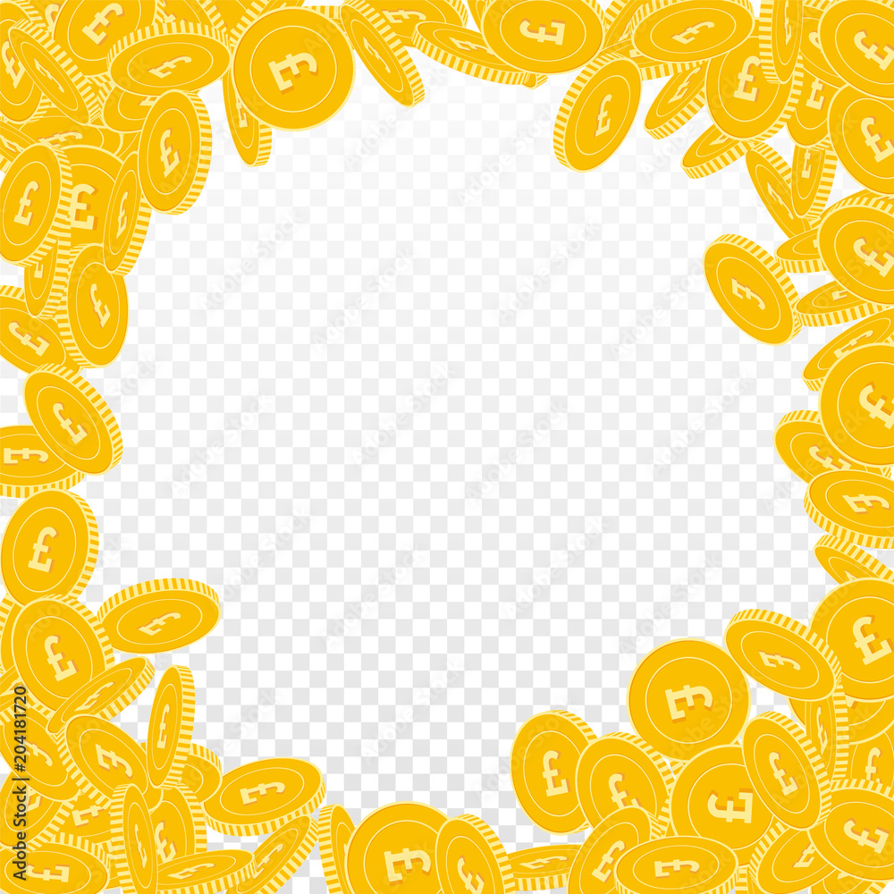 British pound coins falling. Scattered big GBP coins on transparent background. Fascinating round random frame vector illustration. Jackpot or success concept.
