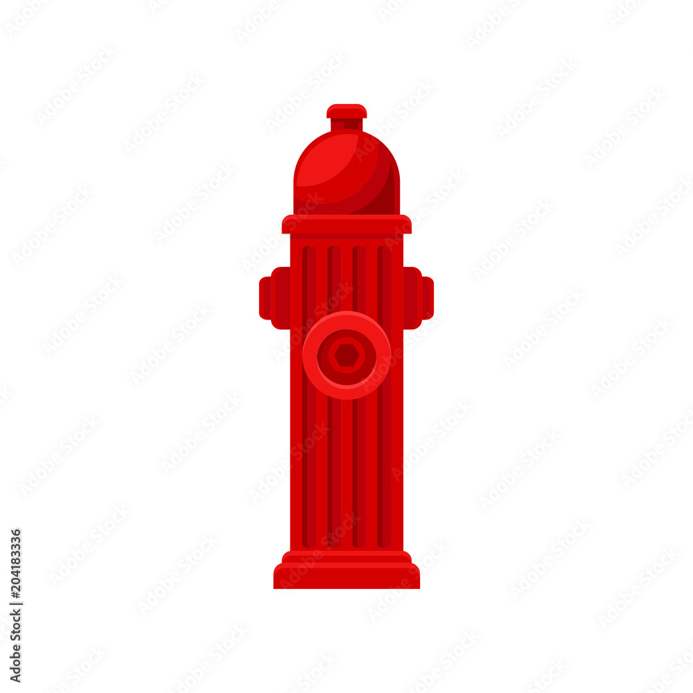 Flat vector icon of red fire hydrant. Metal water pipe with nozzles for hose. Firefighting theme Flat vector icon of red fire hydrant. Metal water pipe with nozzles for hose. Firefighting theme