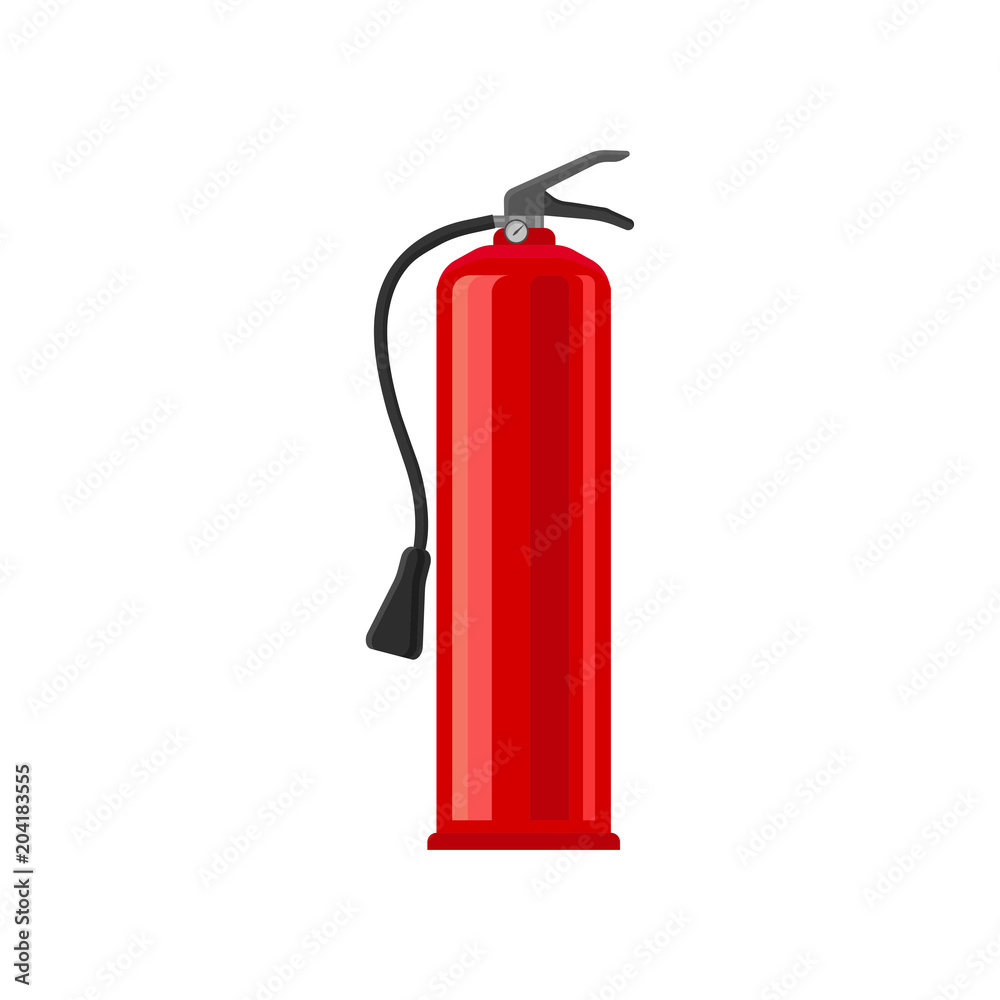 Obraz premium Powder fire extinguisher. Flat vector illustration for poster about safety and fire protection. Flame prevention tool