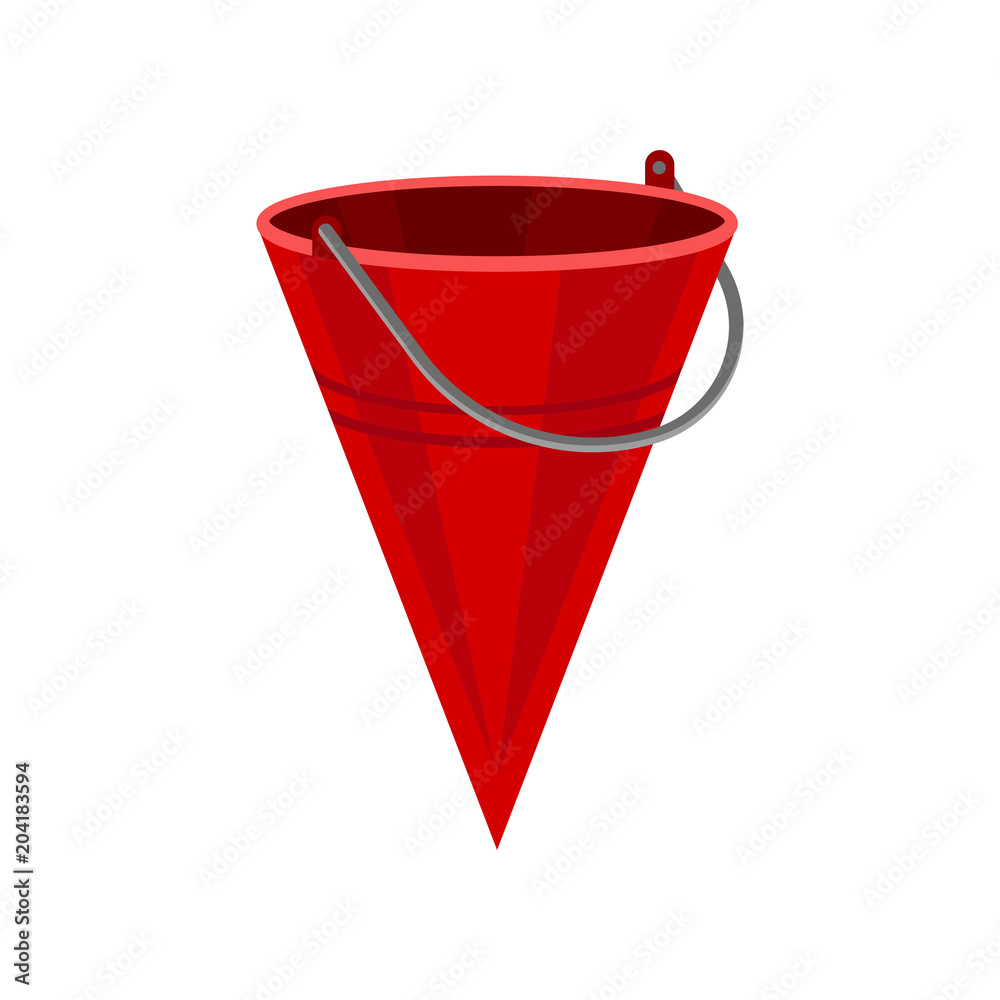 Bright flat vector illustration of red cone shaped metal bucket. Equipment using for prevent or extinguish fire Bright flat vector illustration of red cone shaped metal bucket. Equipment using for prevent or extinguish fire