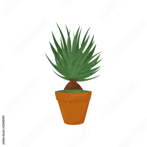 Decorative home plant with green leaves. Nature element for home interior. Flat vector icon of houseplant in brown pot. Indoor gardening