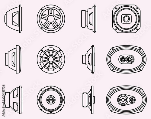 Sound equipment for music experience. Speaker. Vector thin line