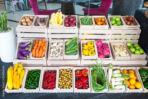 Good choice of fresh fruit and vegetables in the wooden crates