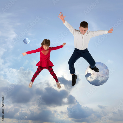 The children flying in clouds. Collage.