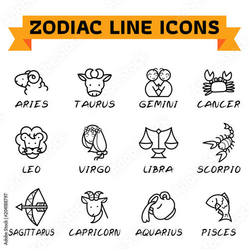 Zodiac Line Icons. Zodiac signs in thin line style on white background. Set of modern vector plain line design icons and zodiac signs.