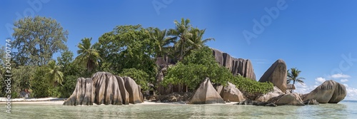 Beach Anse Source d' Argent with granite cliffs, Panorama, La Digue, Seychelles, Indian Ocean, Africa photo