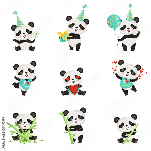 Fototapeta Naklejka Na Ścianę i Meble -  Flat vector set of funny little panda in various situations. Cartoon character of cute bamboo bear. Graphic design for children print, sticker or birthday postcard