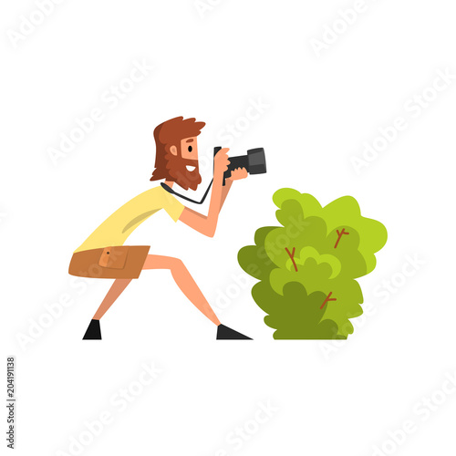 Professional male photographer paparazzi with camera hiding in ambush and making sensational shot vector Illustration on a white background.