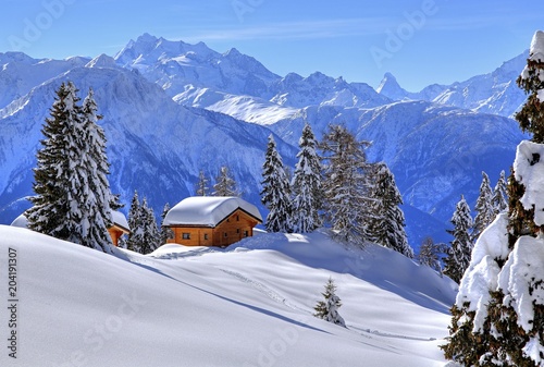 Winter landscape with deep snow-covered chalets, in the back summit of Dom, 4545m, and Matterhorn, 4478m, Riederalp, Aletsch area, Upper Valais, Valais, Switzerland, Europe photo