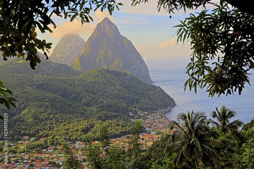View of the village and the two Pitons, Gros Piton 770m and Petit Piton 743m, early morning sun, Soufriere, St. Lucia, Lesser Antilles, West Indian Islands, Caribbean Sea