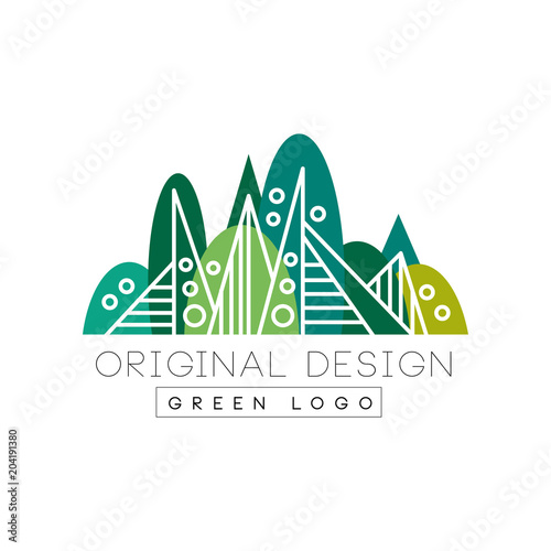 Green logo original design, summer forest, eco park or city garden emblem in linear style vector Illustration