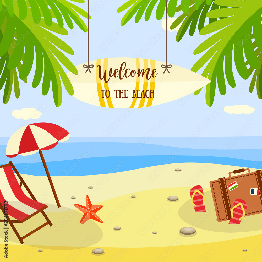 Summer beach vacation banner with lounge and travel accessories on sand with palm trees near sea. Sunny scene for resort holidays concept - cartoon vector illustration of sea landscape.