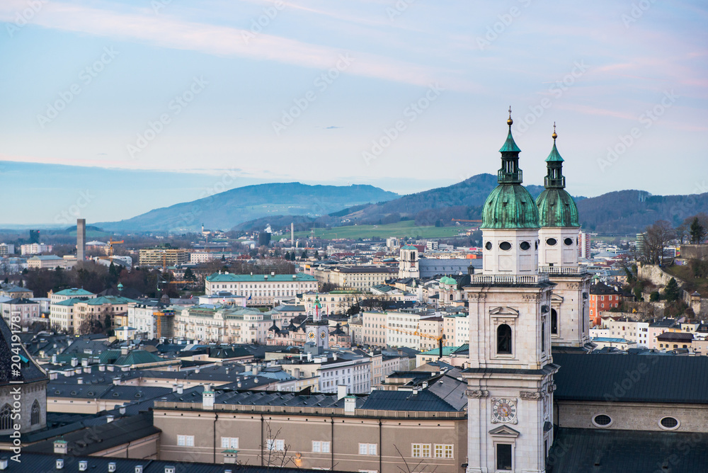 Panoramic view from Salzburg Fortress at sunset Austria