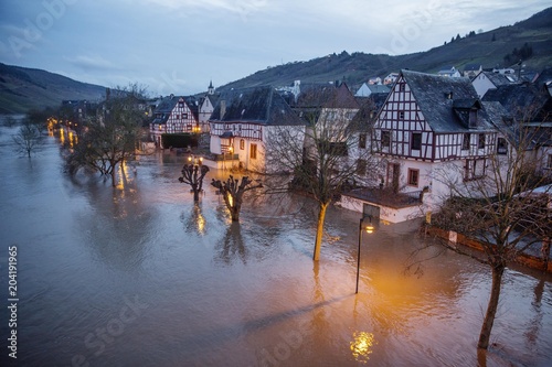 Floods on the Moselle, twilight, Reil, Rhineland-Palatinate, Germany, Europe photo