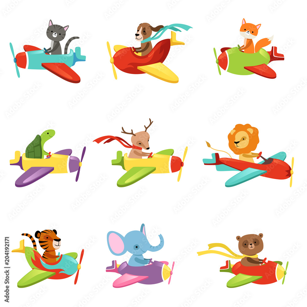 Flat vector set with cute animals flying in colorful airplanes. Cartoon characters of domestic and wild creatures. Design for children's t-shirt print, book or postcard