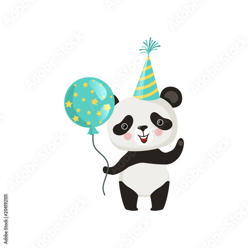 Panda holding glossy balloon and waving by paw. Funny bamboo bear in party hat. Flat vector design for children's book or postcard © topvectors
