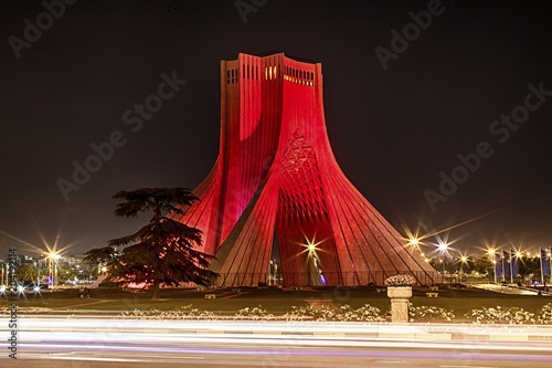 Red illuminated Liberty Tower, Azadi Tower, Theran, Iran, Asia photo