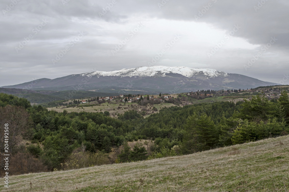 Fototapeta premium Scene with springtime mountain glade, forest, snow and residential district of bulgarian village Plana, Plana mountain, Bulgaria