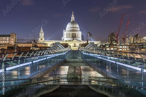 Millenium Bridge and St Paul's Cathedral by night, London, England, Great Britain photo
