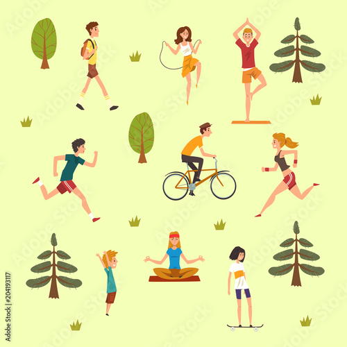 People doing physical activity outdoors, men, women and kids running, walking, skateboarding, cycling and practicing yoga in the park, fitness and healthy lifest.yle vector Illustration