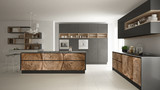 Gray modern minimalistic kitchen, with classic wood fittings, panoramic window, luxury interior design