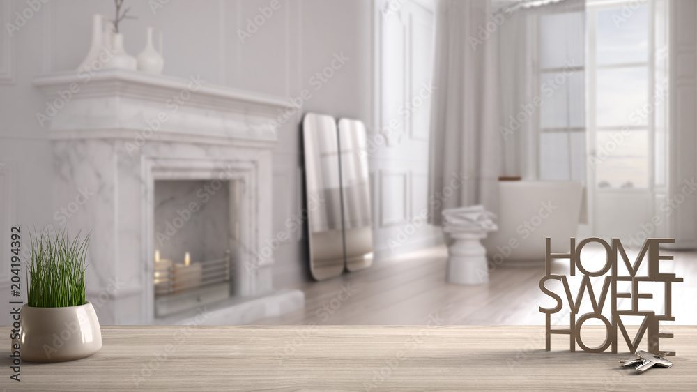 Fototapeta premium Wooden table, desk or shelf with potted grass plant, house keys and 3D letters making the words home sweet home, over minimalist bathroom, interior design, blur background