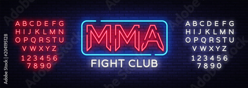 Fototapeta Wektor znak neon klubu walki. Logo symbolu neonowego MMA, element projektu na nocnych bitwach, jasny baner, nocna reklama neonowa. Edycja tekstu neonu