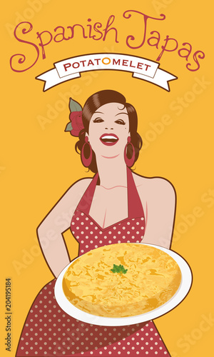 Beautiful Spanish Cook with Potato Omelette. She wears a polka-dot dress or apron and a flower in her hair.