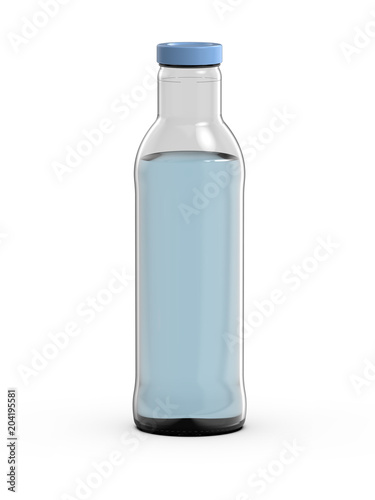 Glass bottle with water, 3D rendering.