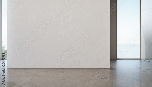 Sea view room of luxury beach house with glass window and gray concrete floor. Empty white wall background in vacation home or holiday villa. Hotel interior 3d illustration.