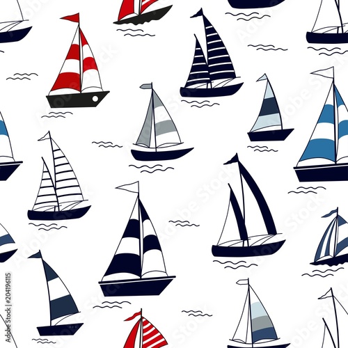 Marine seamless pattern with cartoon boats